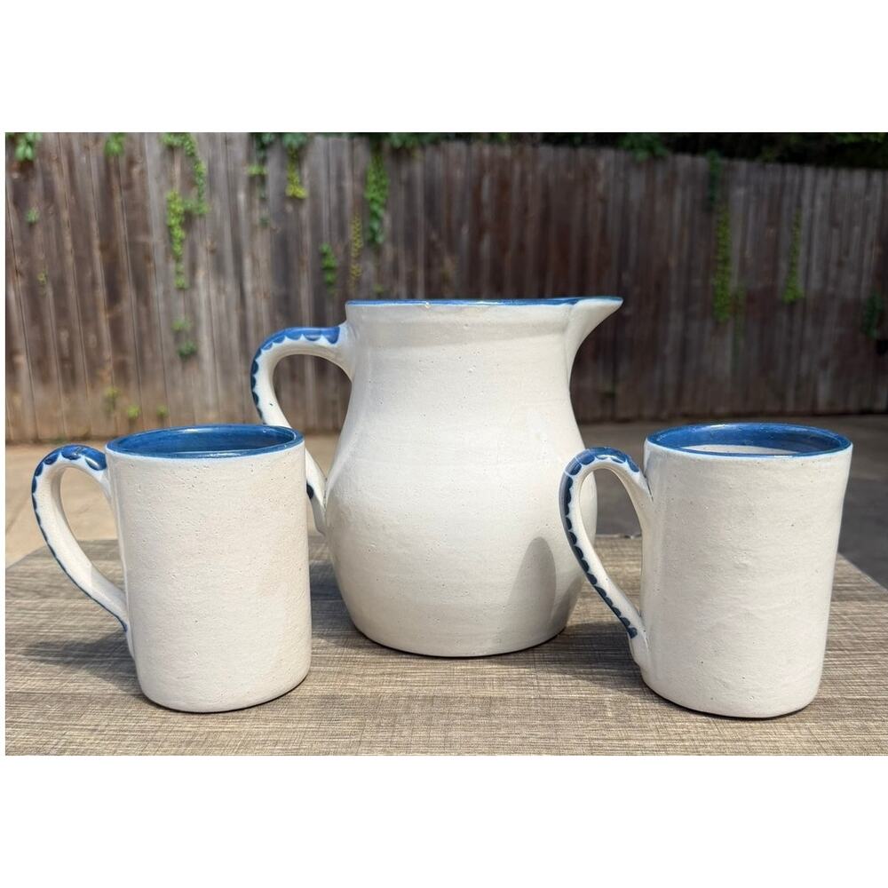 Knesseth Denisons Dorchester Pottery Turkey Pitcher 2 Mugs Blue White Signed - Picture 3 of 14